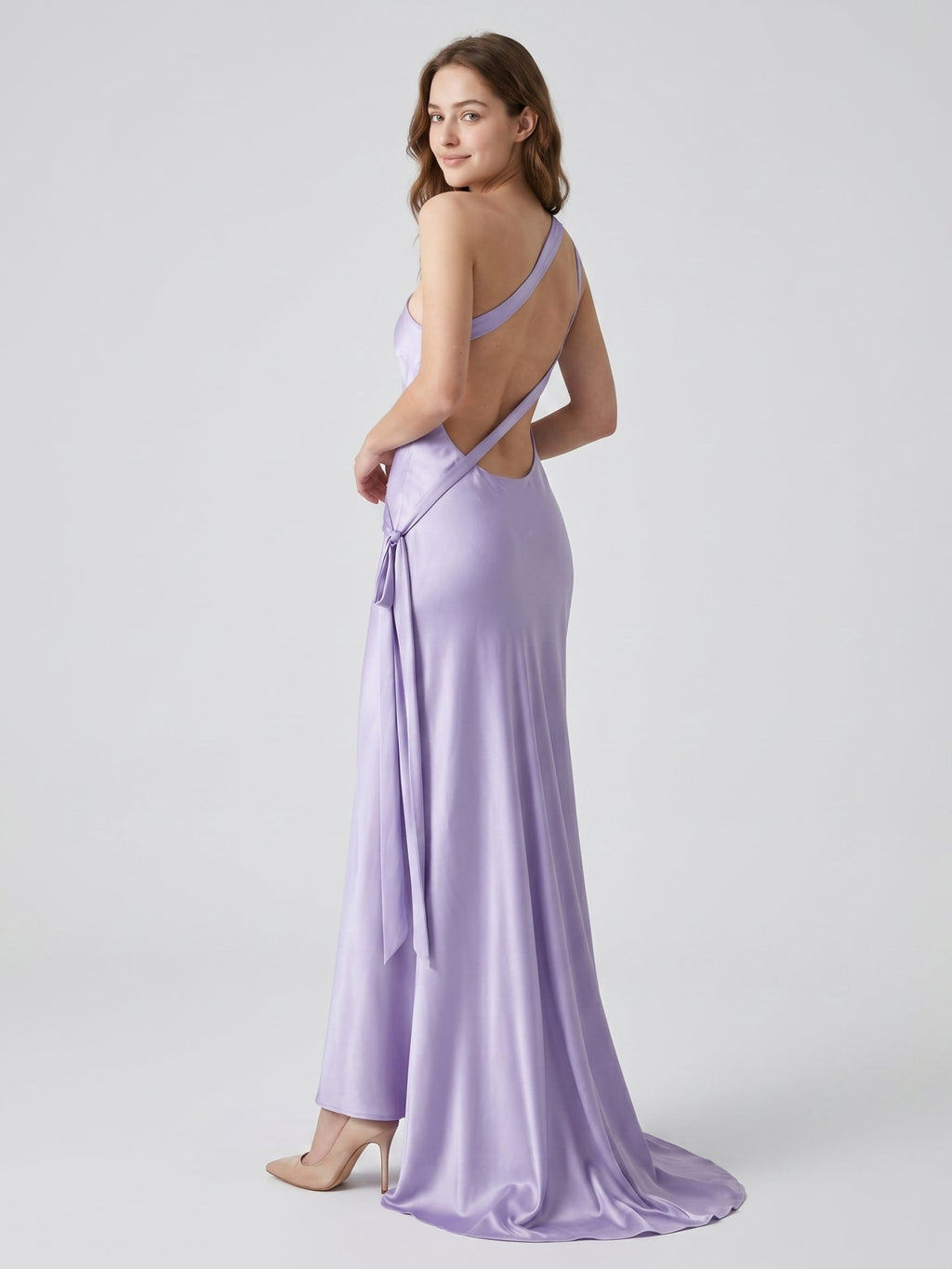 Lavender Satin Column One Shoulder Lace-Up Floor-Length Bridesmaid Dress - Curvevia