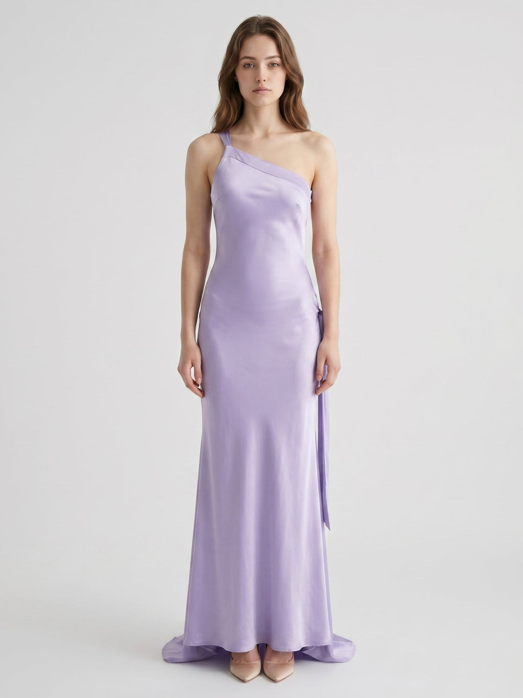 Lavender Satin Column One Shoulder Lace-Up Floor-Length Bridesmaid Dress - Curvevia