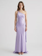 Lavender Satin Column One Shoulder Lace-Up Floor-Length Bridesmaid Dress - Curvevia