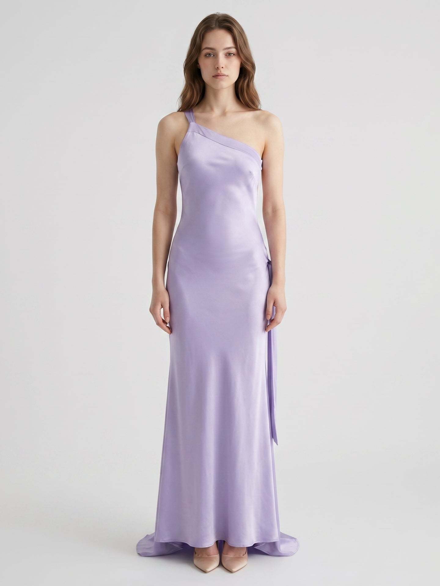 Lavender Satin Column One Shoulder Lace-Up Floor-Length Bridesmaid Dress - Curvevia