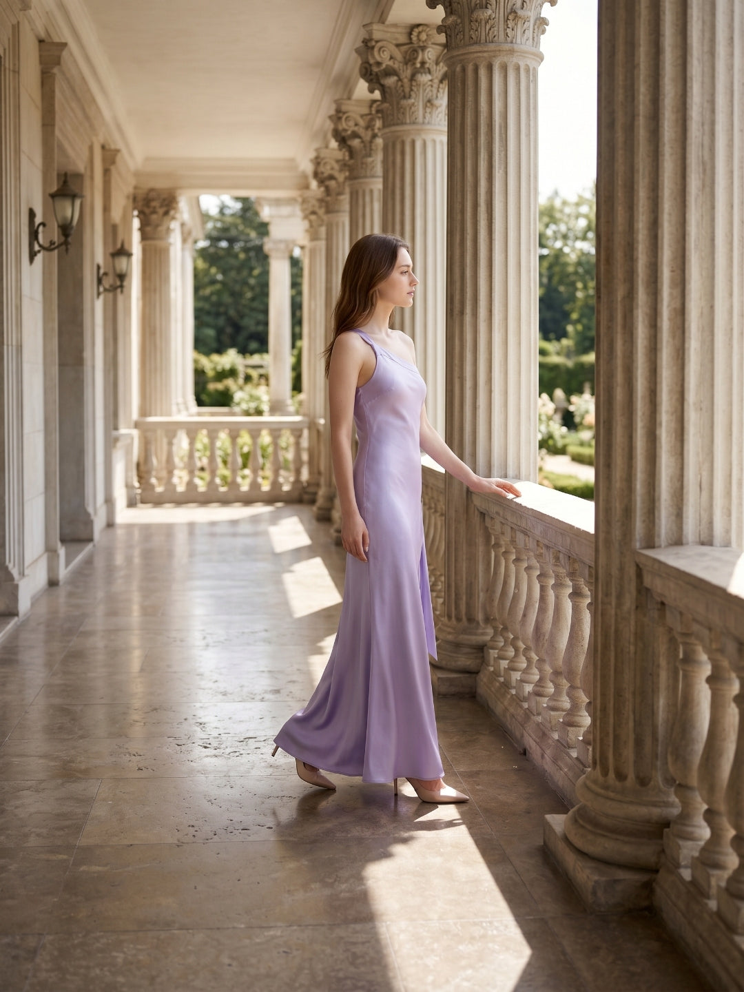 Lavender Satin Column One Shoulder Lace-Up Floor-Length Bridesmaid Dress - Curvevia