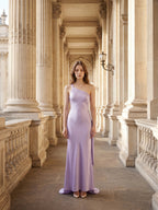 Lavender Satin Column One Shoulder Lace-Up Floor-Length Bridesmaid Dress - Curvevia