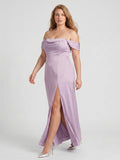 Lavender Satin Column Straight Neck Back Zip Floor-Length Plus Size Bridesmaid Dress - Curvevia