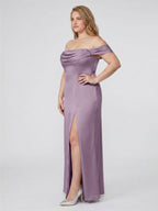 Lavender Satin Column Straight Neck Back Zip Floor-Length Plus Size Bridesmaid Dress - Curvevia