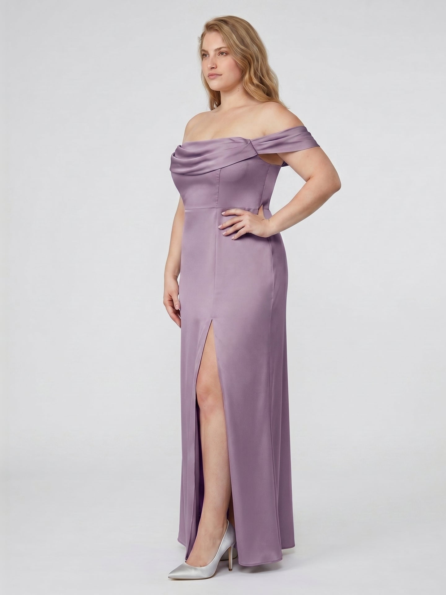 Lavender Satin Column Straight Neck Back Zip Floor-Length Plus Size Bridesmaid Dress - Curvevia