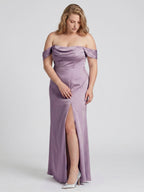 Lavender Satin Column Straight Neck Back Zip Floor-Length Plus Size Bridesmaid Dress - Curvevia