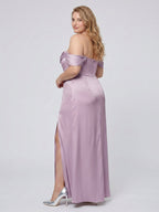 Lavender Satin Column Straight Neck Back Zip Floor-Length Plus Size Bridesmaid Dress - Curvevia