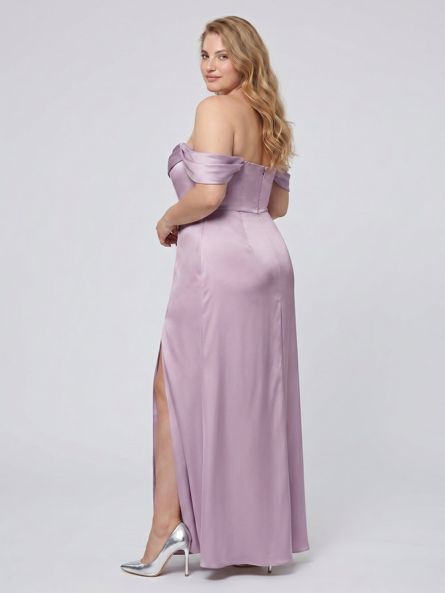 Lavender Satin Column Straight Neck Back Zip Floor-Length Plus Size Bridesmaid Dress - Curvevia