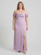 Lavender Satin Column Straight Neck Back Zip Floor-Length Plus Size Bridesmaid Dress - Curvevia