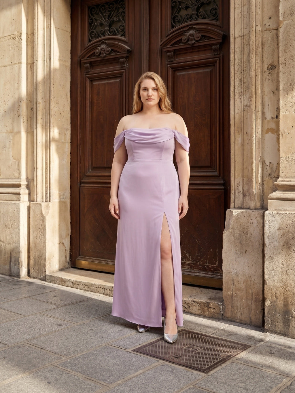 Lavender Satin Column Straight Neck Back Zip Floor-Length Plus Size Bridesmaid Dress - Curvevia