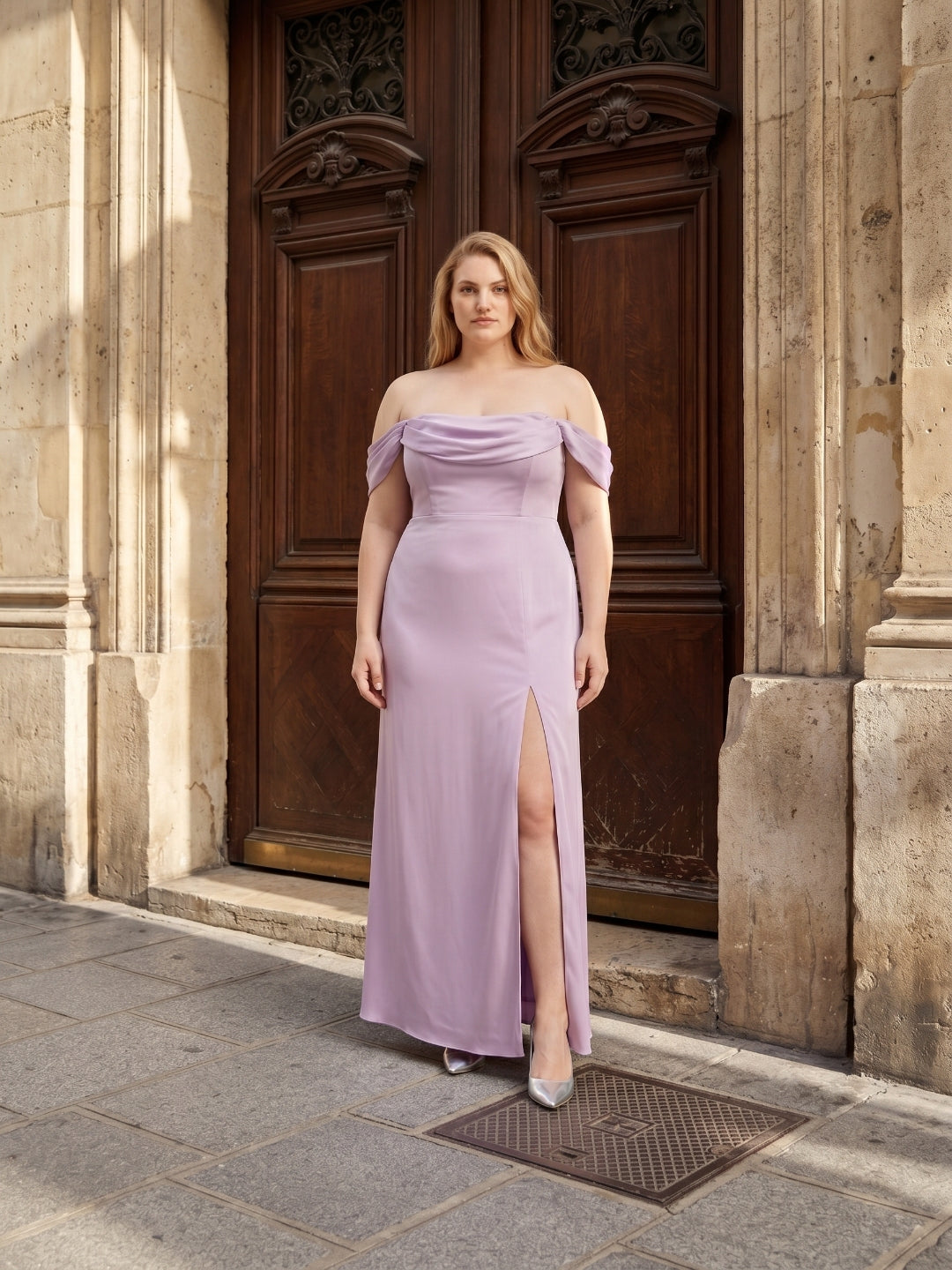 Lavender Satin Column Straight Neck Back Zip Floor-Length Plus Size Bridesmaid Dress - Curvevia