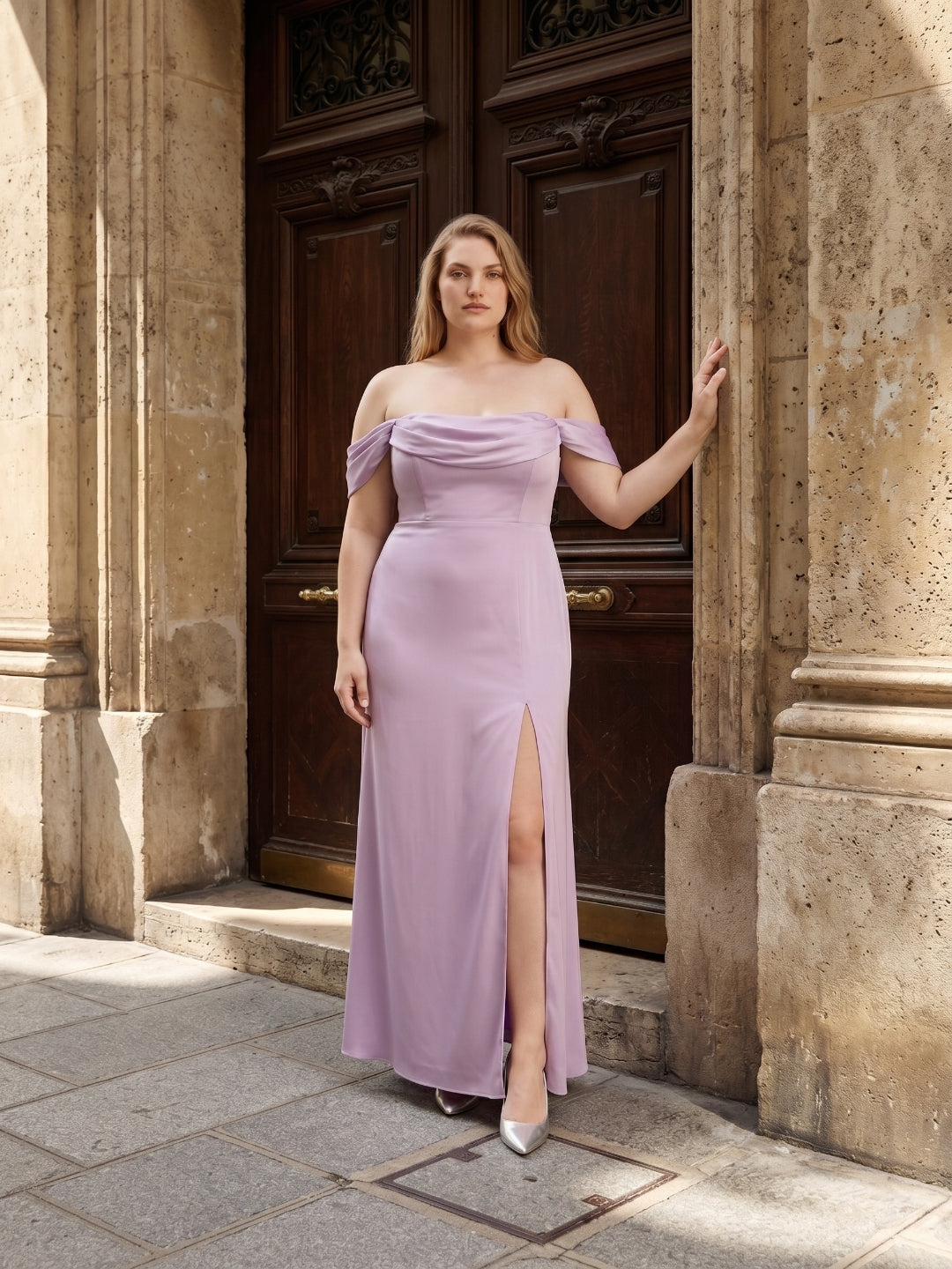 Lavender Satin Column Straight Neck Back Zip Floor-Length Plus Size Bridesmaid Dress - Curvevia