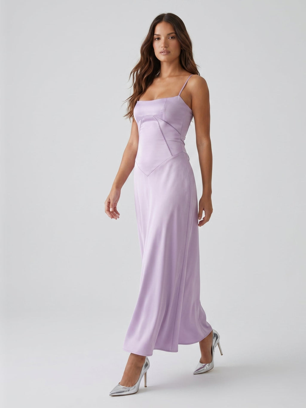 Lavender Satin Column Straight Neck Lace-up Floor-Length Bridesmaid Dress - Curvevia