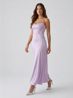Lavender Satin Column Straight Neck Lace-up Floor-Length Bridesmaid Dress - Curvevia
