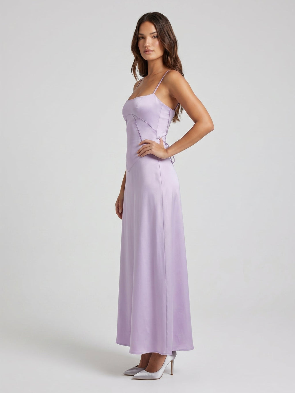 Lavender Satin Column Straight Neck Lace-up Floor-Length Bridesmaid Dress - Curvevia