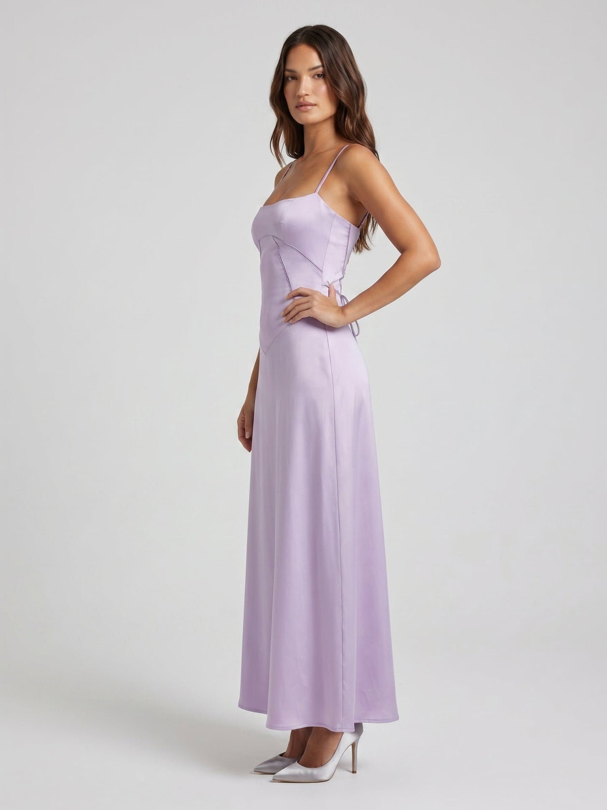 Lavender Satin Column Straight Neck Lace-up Floor-Length Bridesmaid Dress - Curvevia