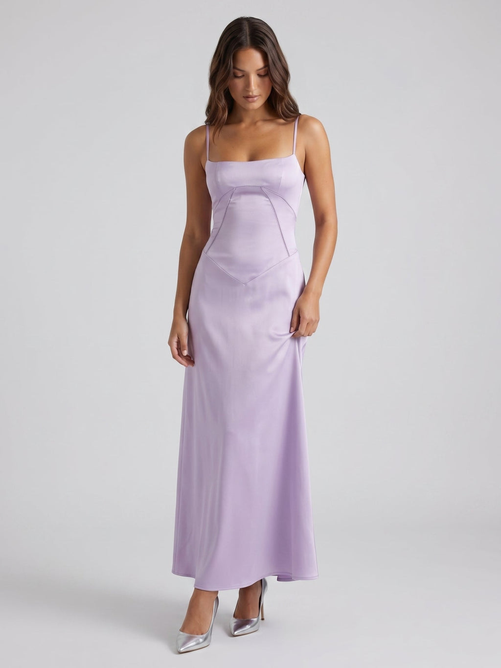 Lavender Satin Column Straight Neck Lace-up Floor-Length Bridesmaid Dress - Curvevia