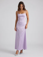 Lavender Satin Column Straight Neck Lace-up Floor-Length Bridesmaid Dress - Curvevia