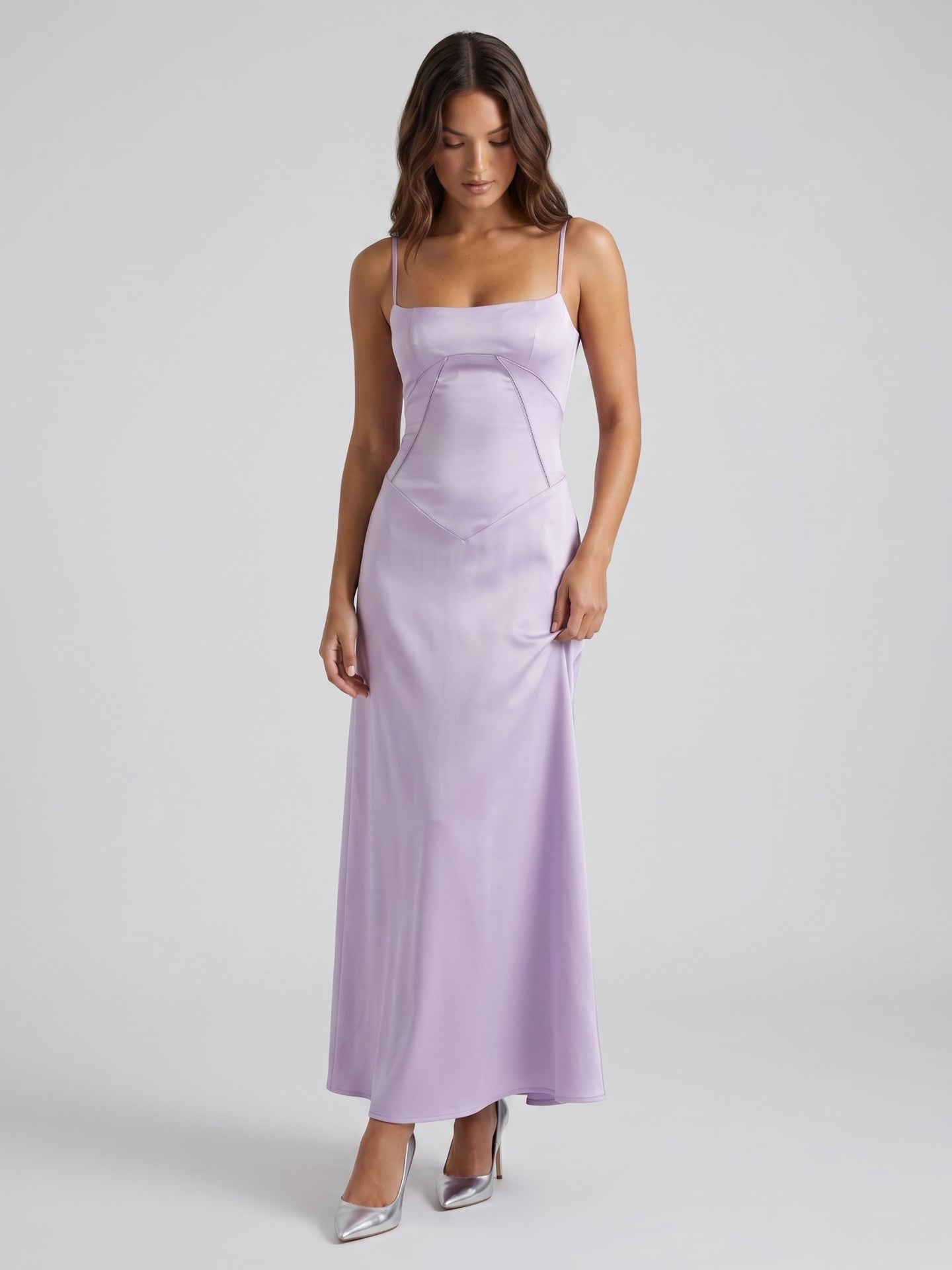 Lavender Satin Column Straight Neck Lace-up Floor-Length Bridesmaid Dress - Curvevia