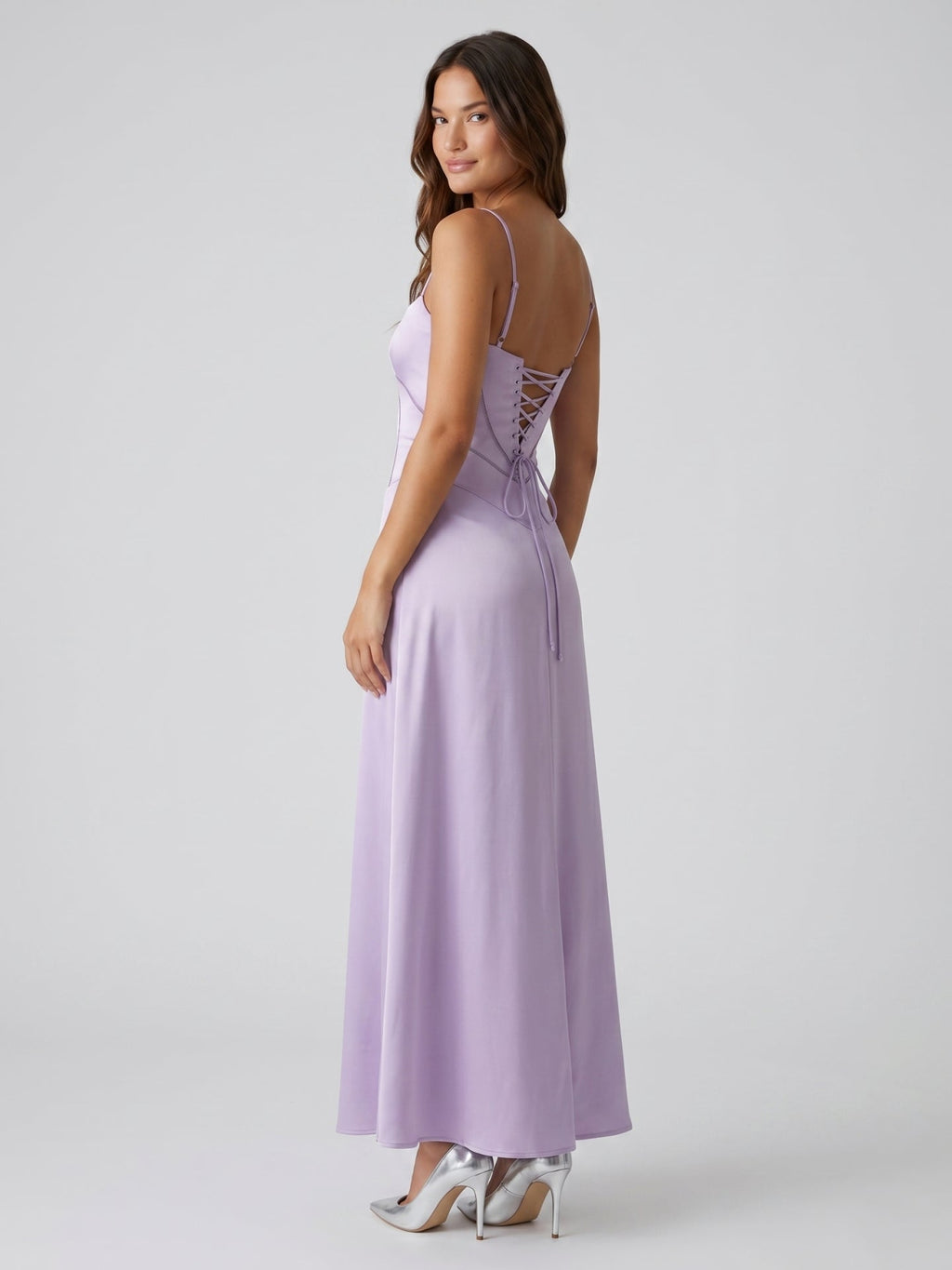 Lavender Satin Column Straight Neck Lace-up Floor-Length Bridesmaid Dress - Curvevia