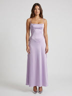 Lavender Satin Column Straight Neck Lace-up Floor-Length Bridesmaid Dress - Curvevia