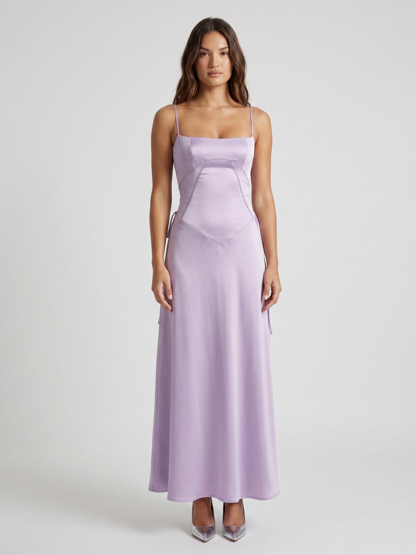 Lavender Satin Column Straight Neck Lace-up Floor-Length Bridesmaid Dress - Curvevia