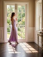 Lavender Satin Column Straight Neck Lace-up Floor-Length Bridesmaid Dress - Curvevia