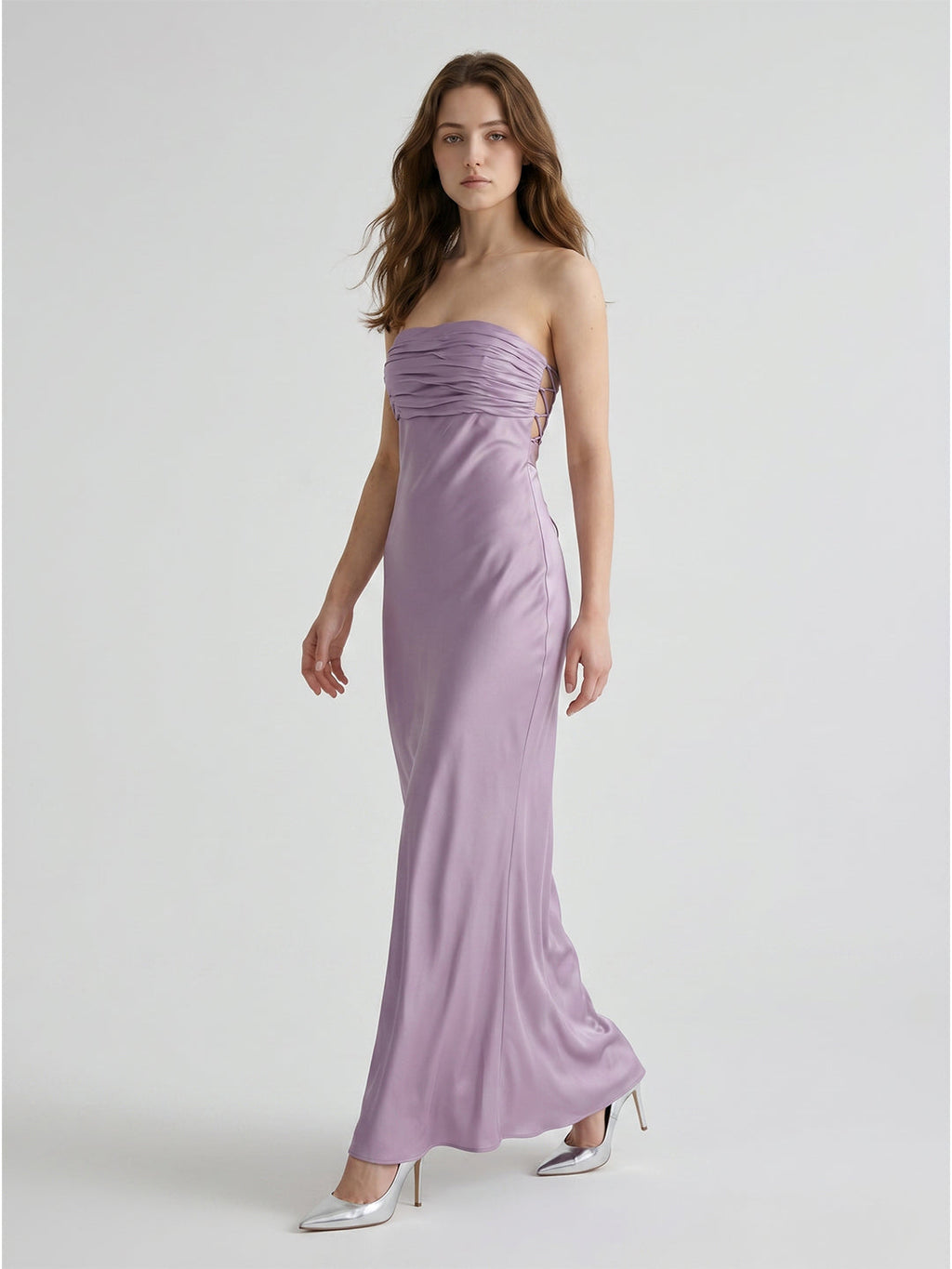 Lavender Satin Mermaid Straight Neck Criss-Cross Straps Floor-Length Bridesmaid Dress - Curvevia