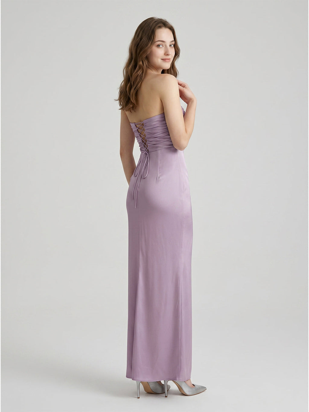 Lavender Satin Mermaid Straight Neck Criss-Cross Straps Floor-Length Bridesmaid Dress - Curvevia