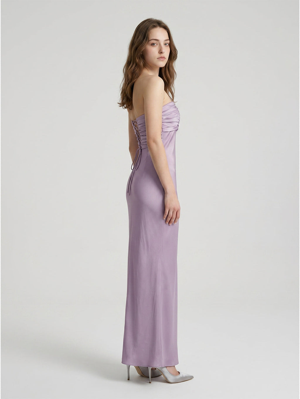 Lavender Satin Mermaid Straight Neck Criss-Cross Straps Floor-Length Bridesmaid Dress - Curvevia