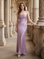 Lavender Satin Mermaid Straight Neck Criss-Cross Straps Floor-Length Bridesmaid Dress - Curvevia