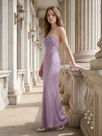 Lavender Satin Mermaid Straight Neck Criss-Cross Straps Floor-Length Bridesmaid Dress - Curvevia