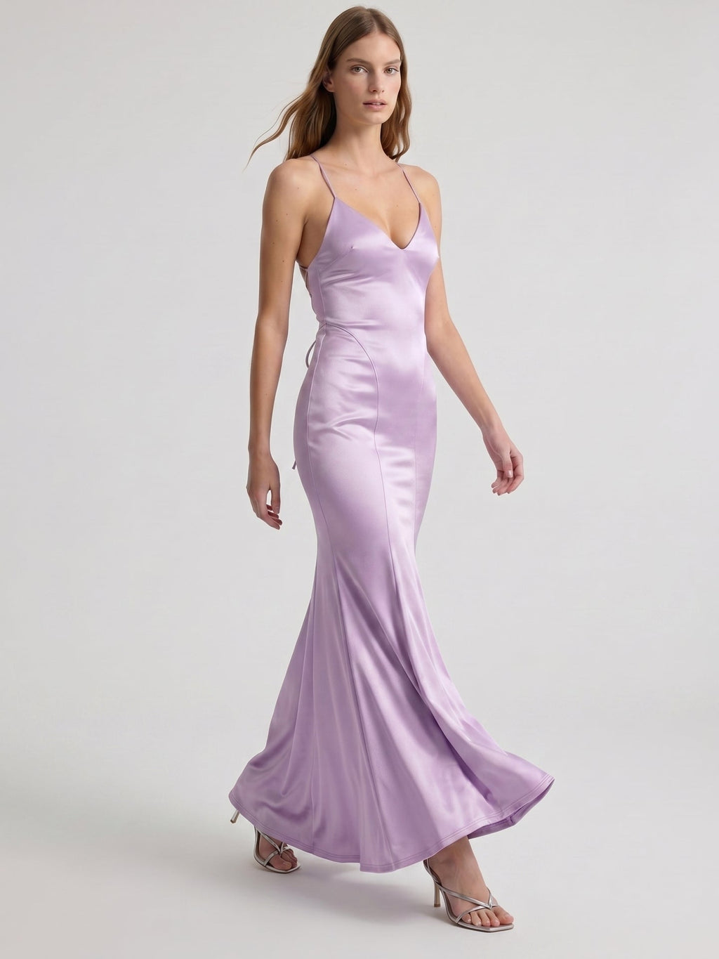 Lavender Satin Mermaid V-Neck Lace-up Ankle-Length Bridesmaid Dress - Curvevia