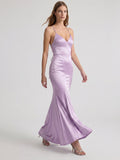 Lavender Satin Mermaid V-Neck Lace-up Ankle-Length Bridesmaid Dress - Curvevia