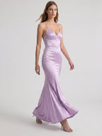 Lavender Satin Mermaid V-Neck Lace-up Ankle-Length Bridesmaid Dress - Curvevia