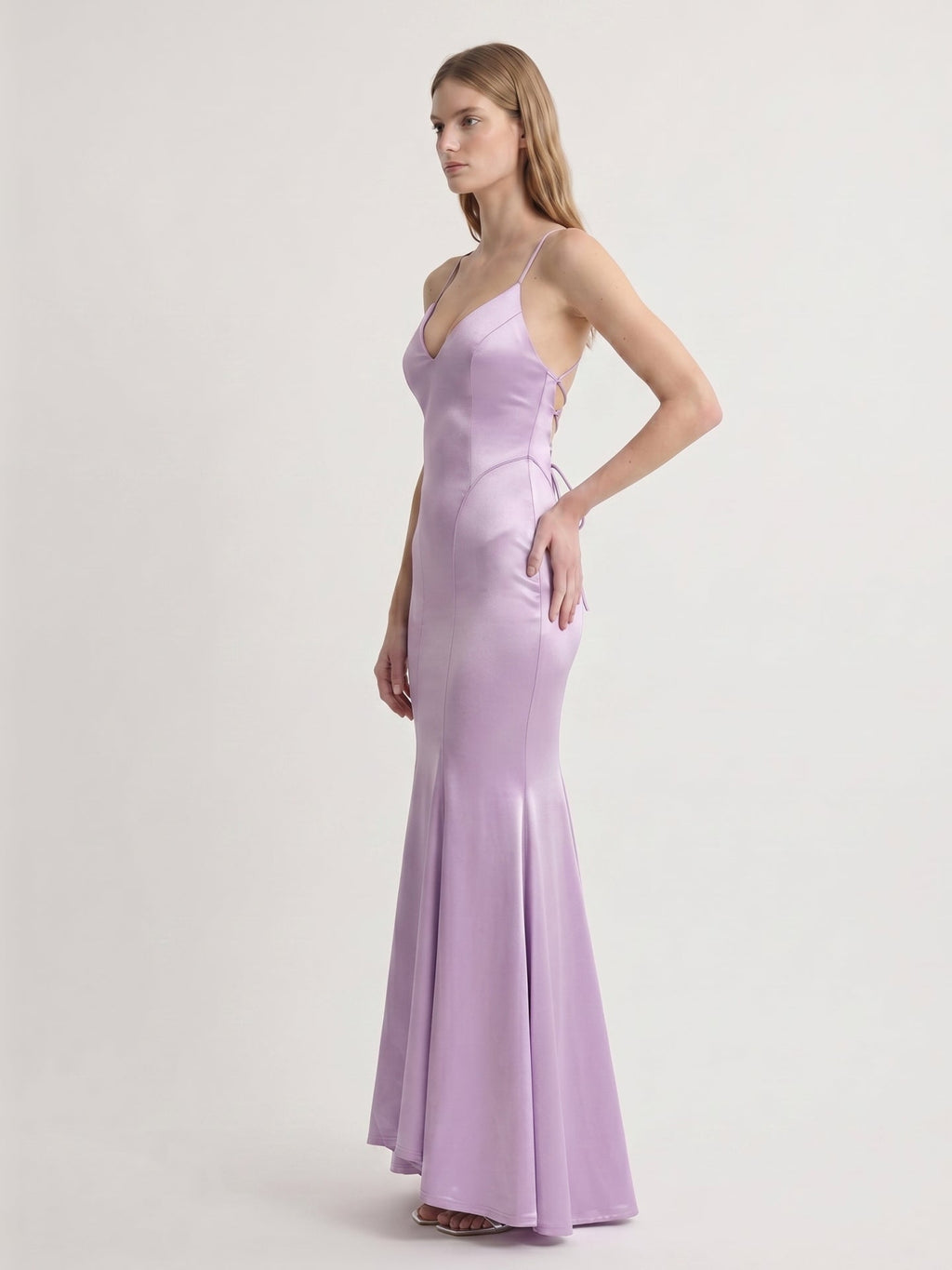 Lavender Satin Mermaid V-Neck Lace-up Ankle-Length Bridesmaid Dress - Curvevia