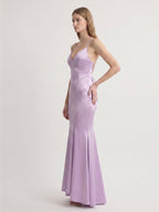 Lavender Satin Mermaid V-Neck Lace-up Ankle-Length Bridesmaid Dress - Curvevia