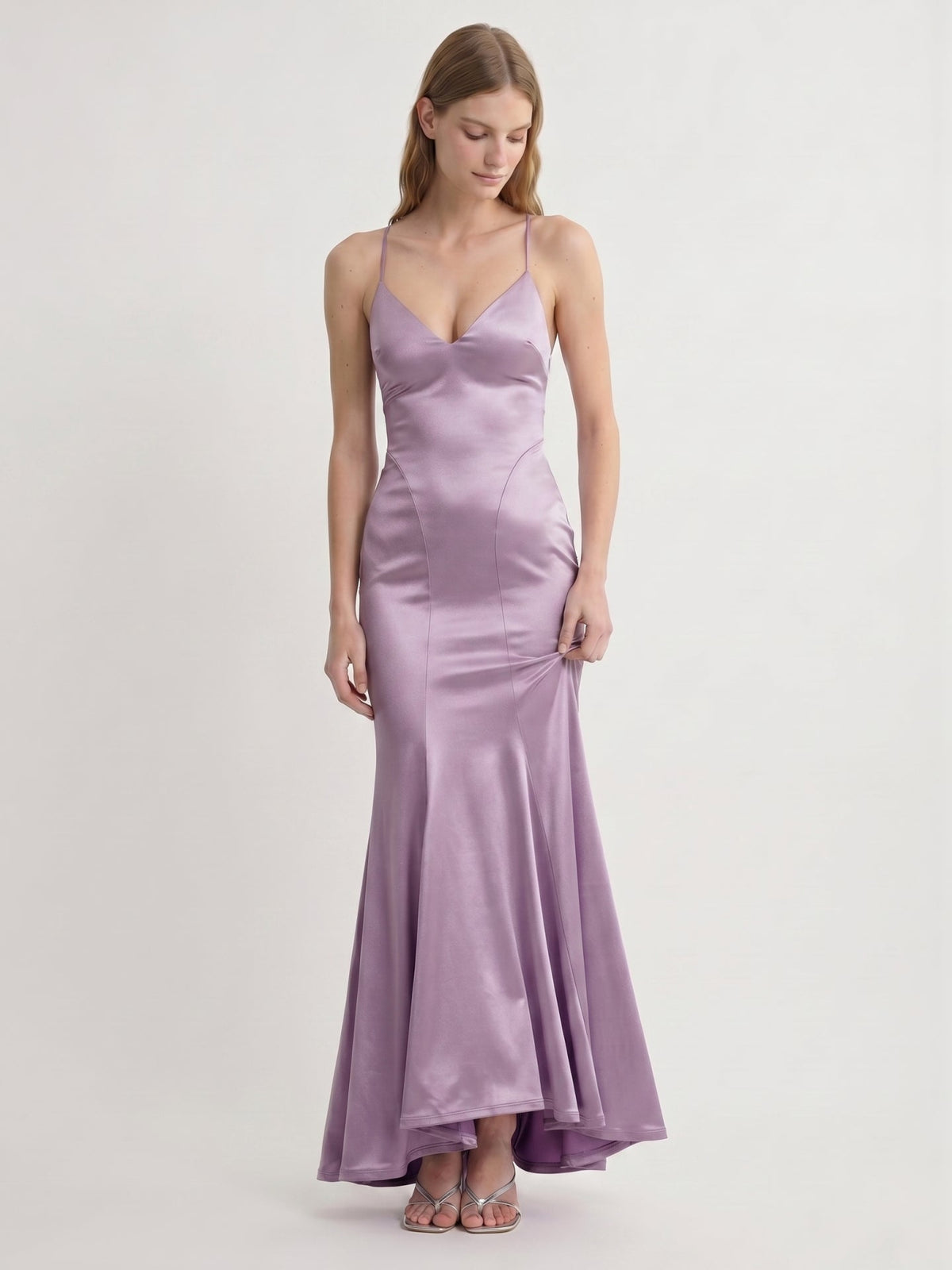 Lavender Satin Mermaid V-Neck Lace-up Ankle-Length Bridesmaid Dress - Curvevia
