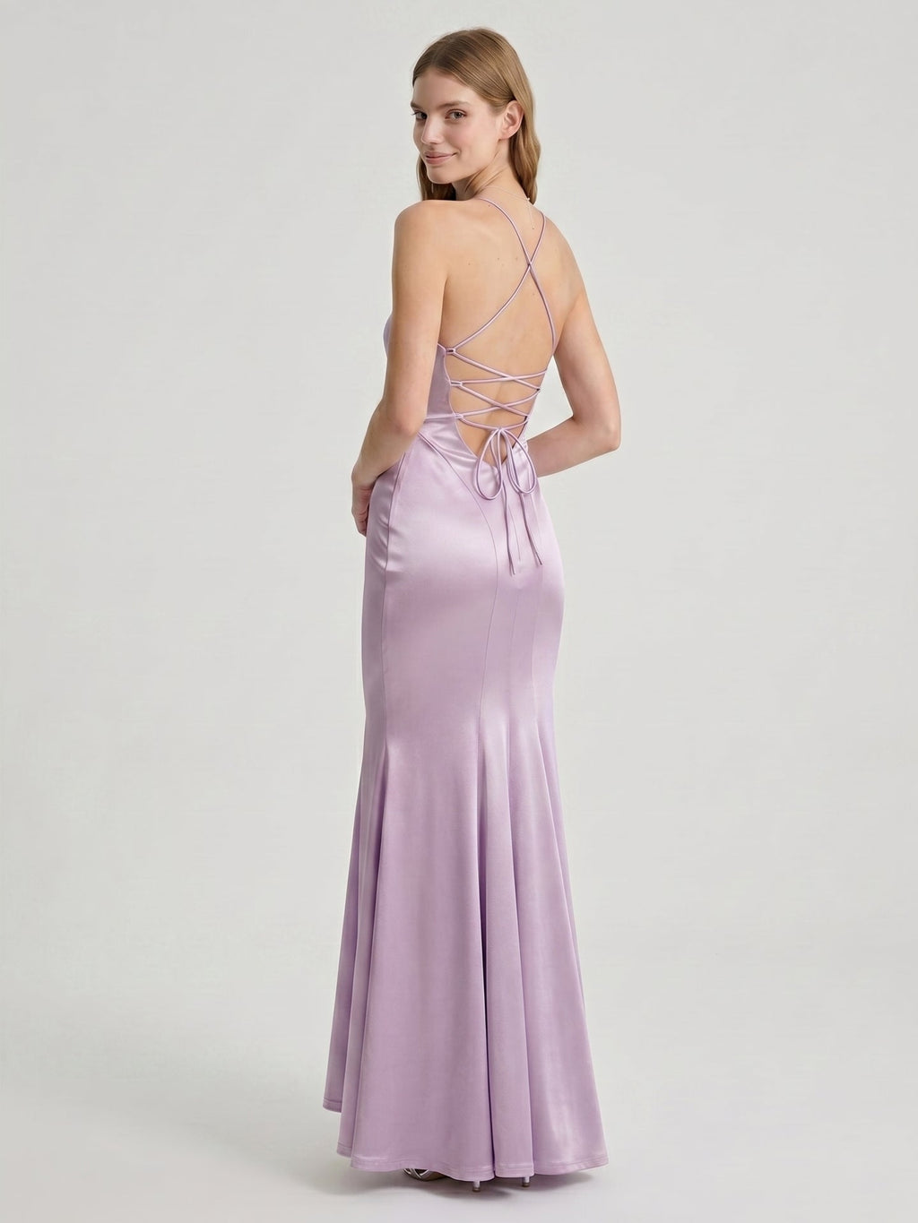Lavender Satin Mermaid V-Neck Lace-up Ankle-Length Bridesmaid Dress - Curvevia
