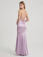 Lavender Satin Mermaid V-Neck Lace-up Ankle-Length Bridesmaid Dress - Curvevia