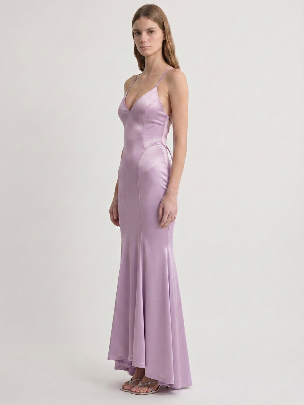 Lavender Satin Mermaid V-Neck Lace-up Ankle-Length Bridesmaid Dress - Curvevia