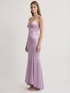 Lavender Satin Mermaid V-Neck Lace-up Ankle-Length Bridesmaid Dress - Curvevia