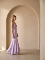 Lavender Satin Mermaid V-Neck Lace-up Ankle-Length Bridesmaid Dress - Curvevia