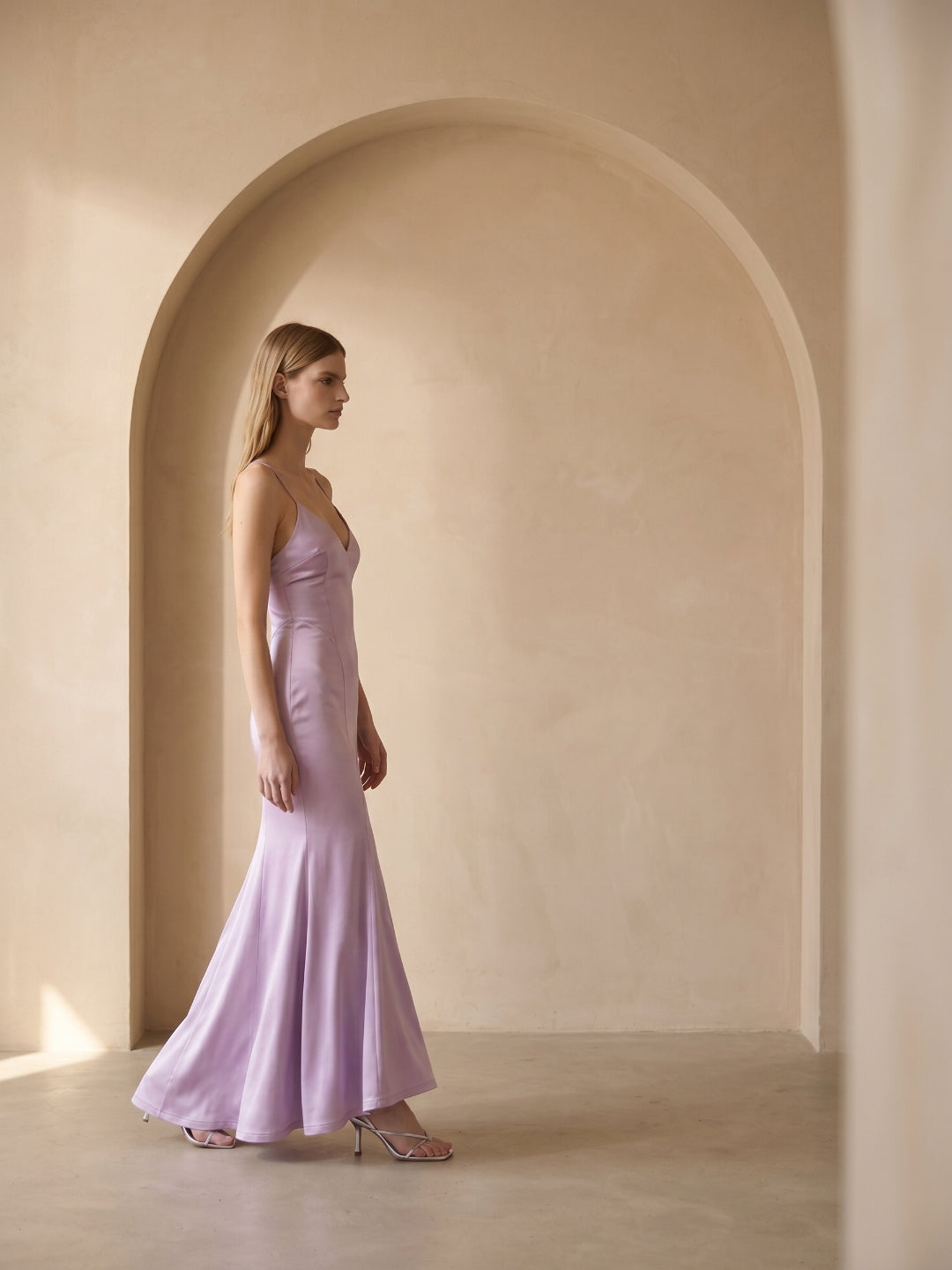 Lavender Satin Mermaid V-Neck Lace-up Ankle-Length Bridesmaid Dress - Curvevia