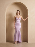 Lavender Satin Mermaid V-Neck Lace-up Ankle-Length Bridesmaid Dress - Curvevia