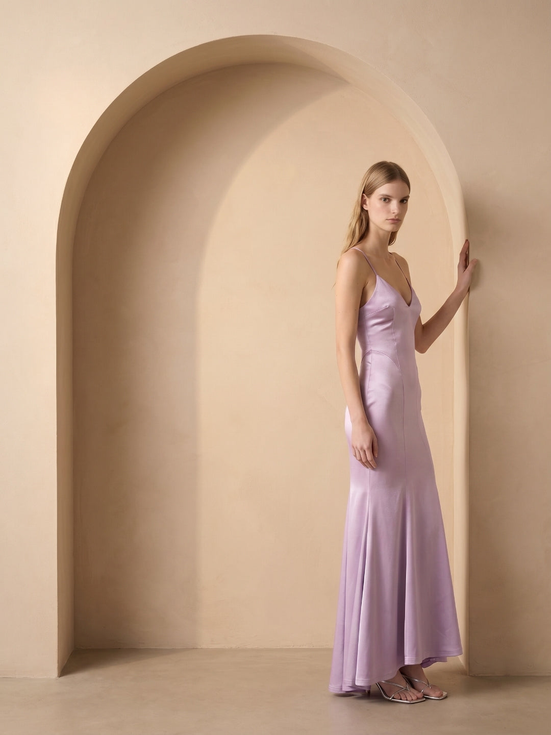 Lavender Satin Mermaid V-Neck Lace-up Ankle-Length Bridesmaid Dress - Curvevia