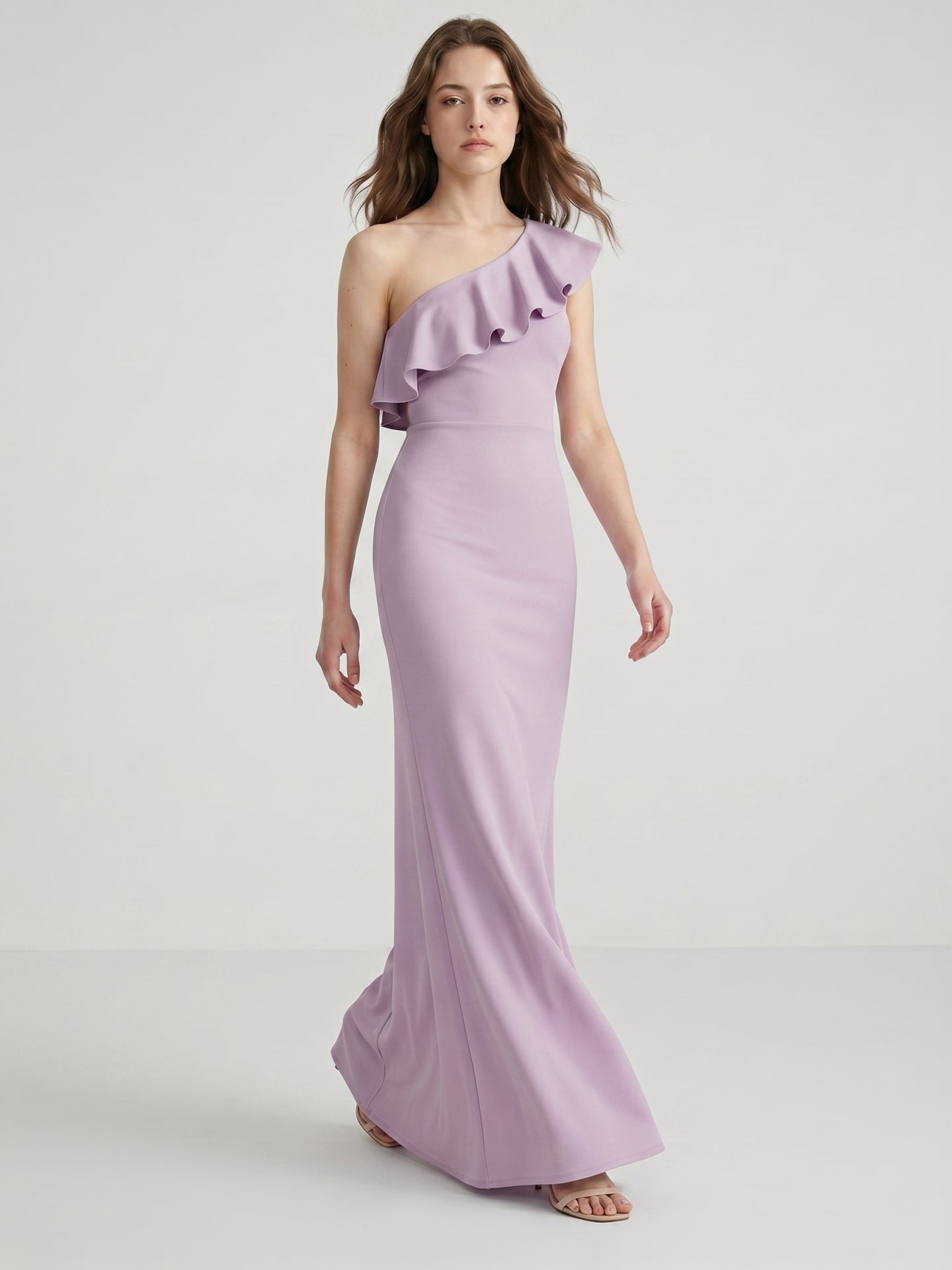 Lavender Stretch Knit Trumpet One Shoulder Side Zip Floor-Length Bridesmaid Dress - Curvevia