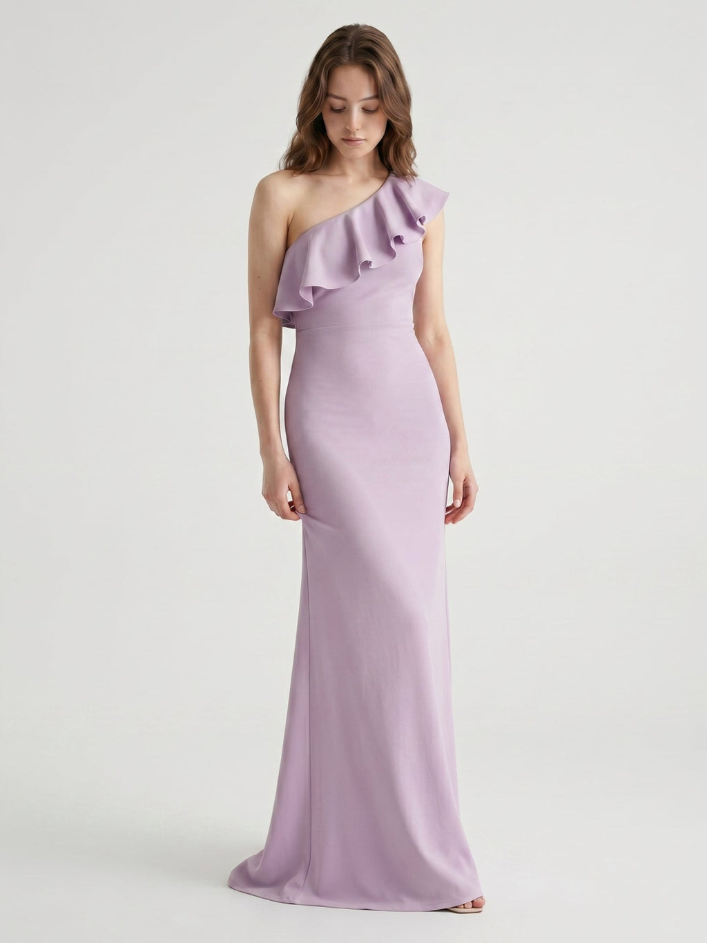 Lavender Stretch Knit Trumpet One Shoulder Side Zip Floor-Length Bridesmaid Dress - Curvevia