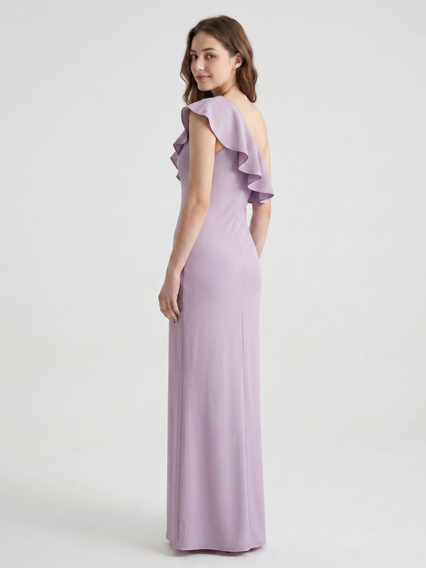 Lavender Stretch Knit Trumpet One Shoulder Side Zip Floor-Length Bridesmaid Dress - Curvevia