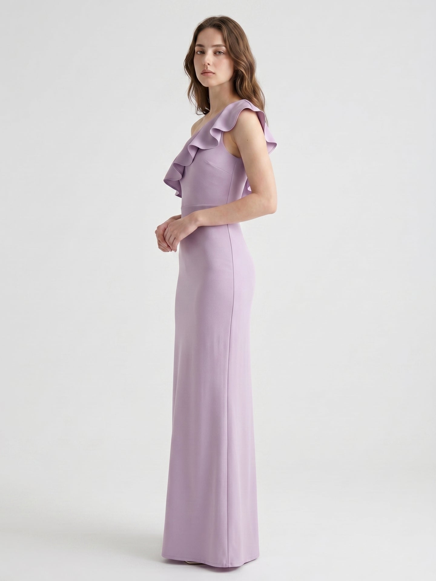 Lavender Stretch Knit Trumpet One Shoulder Side Zip Floor-Length Bridesmaid Dress - Curvevia